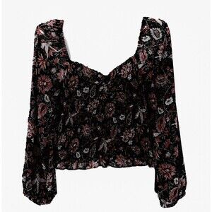 Madewell Womens  Lucie Smocked Black Blush Pink Metallic Floral Semi Sheer Top S